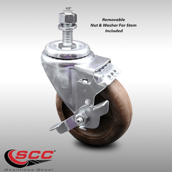 Service Caster 4 Inch SS High Temp Glass Filled Nylon 1/2 Inch Threaded Stem Caster with Brake SCC-SSTS20S414-GFNSHT-TLB-121315 - main
